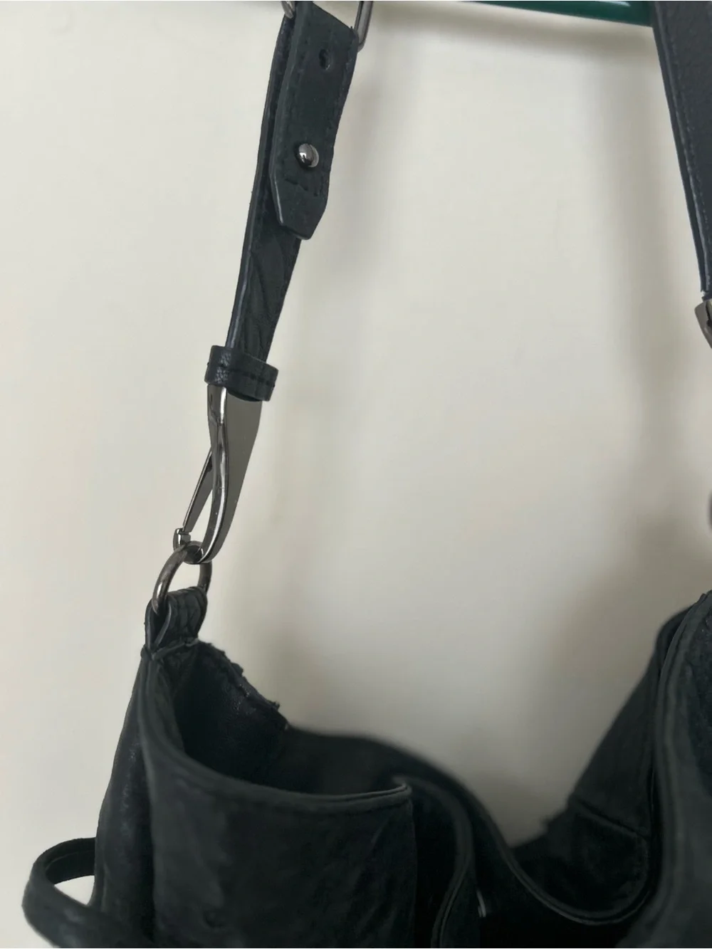 vintage Kooba hobo bag, drawstring closure, fringe tassels, exterior pockets.